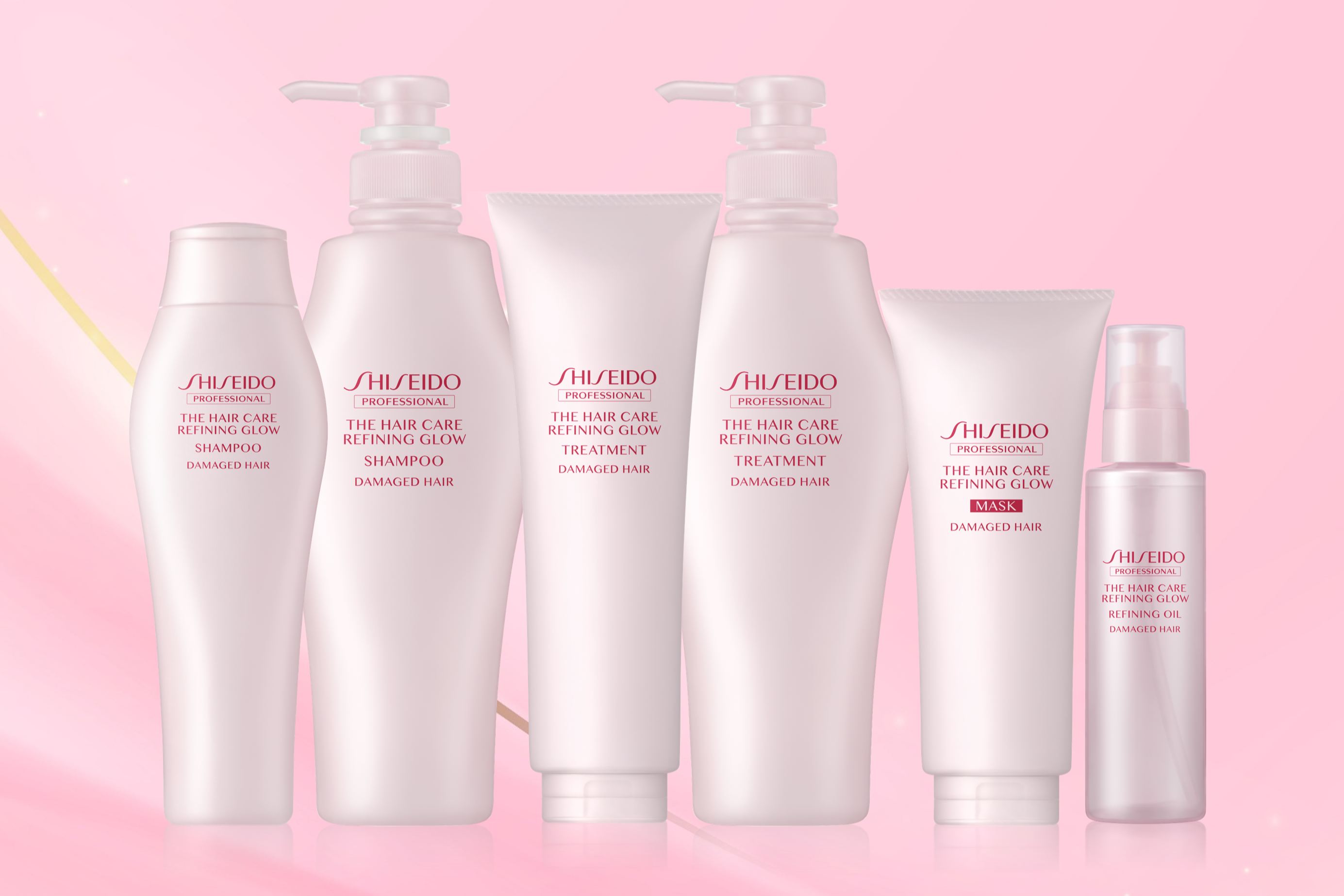 THE HAIR CARE REFINING GLOWの商品が6つ横並びになっている