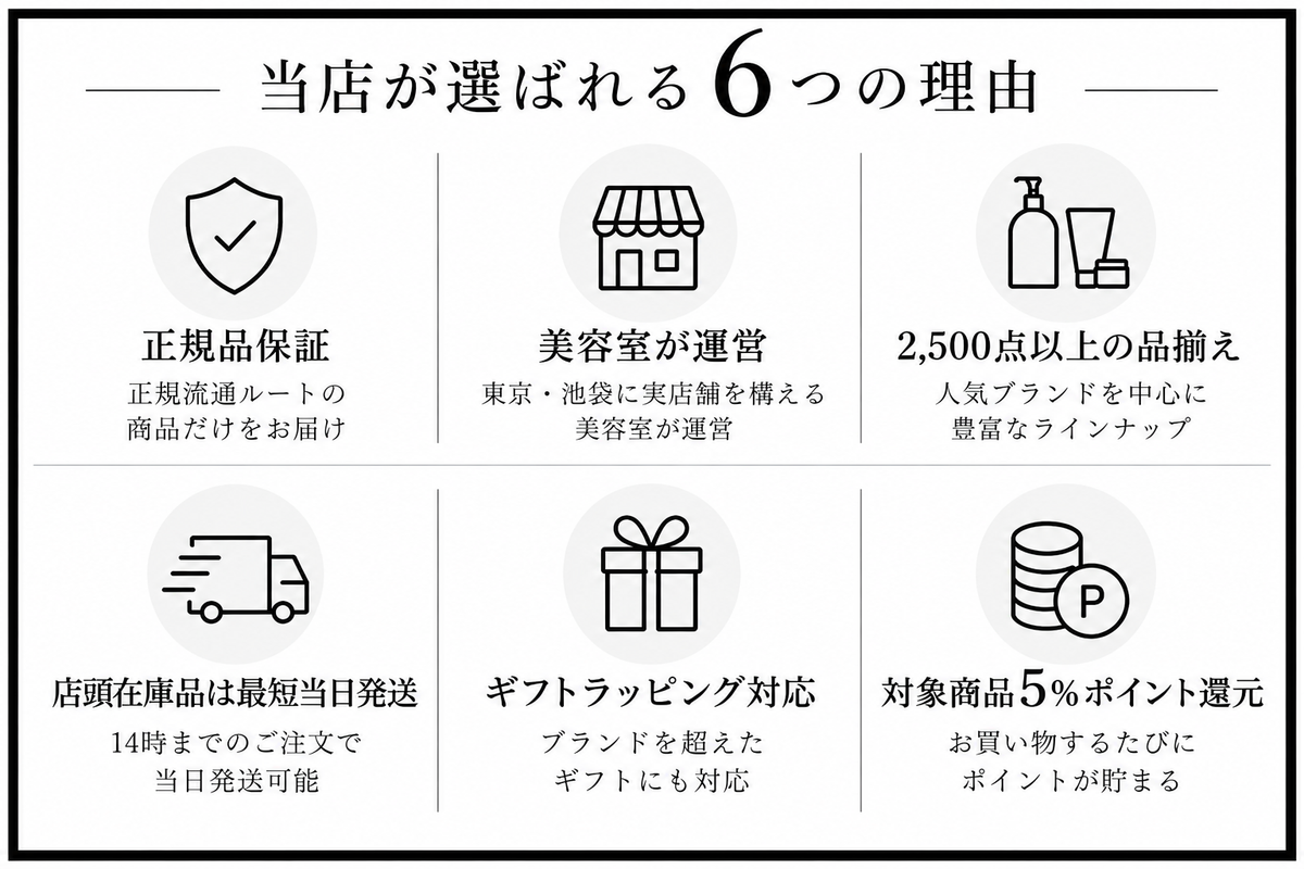 Bay Shore NY ONLINE STOREが選ばれる6つの理由。正規品保証、美容室運営、2,500点以上の品揃え、店頭在庫品の最短当日発送、ギフトラッピング、対象商品5％ポイント還元。