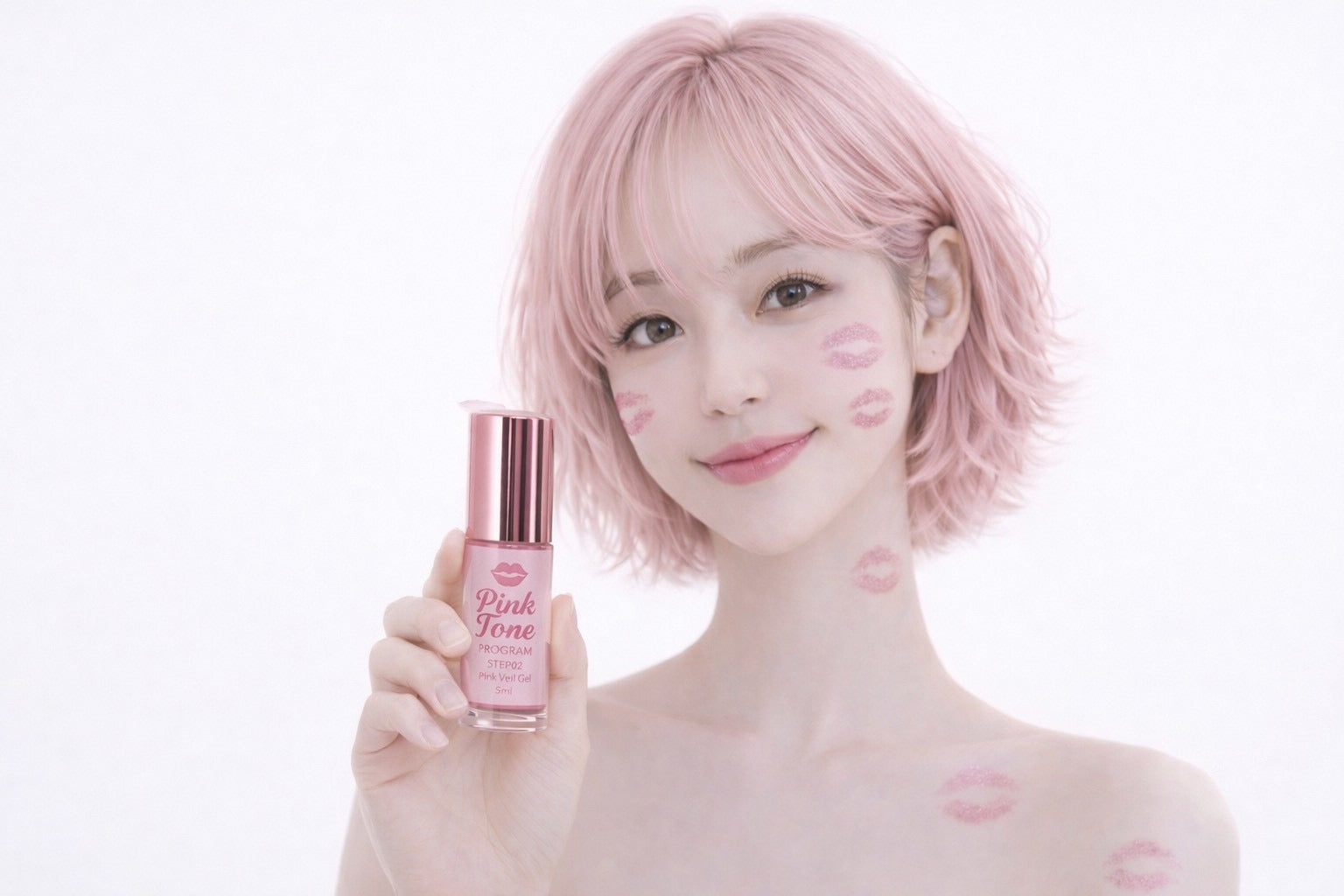 色白で頬と首と鎖骨あたりにキスマークがある髪の毛がピンク色の女性がPINK TONEの手に持っている