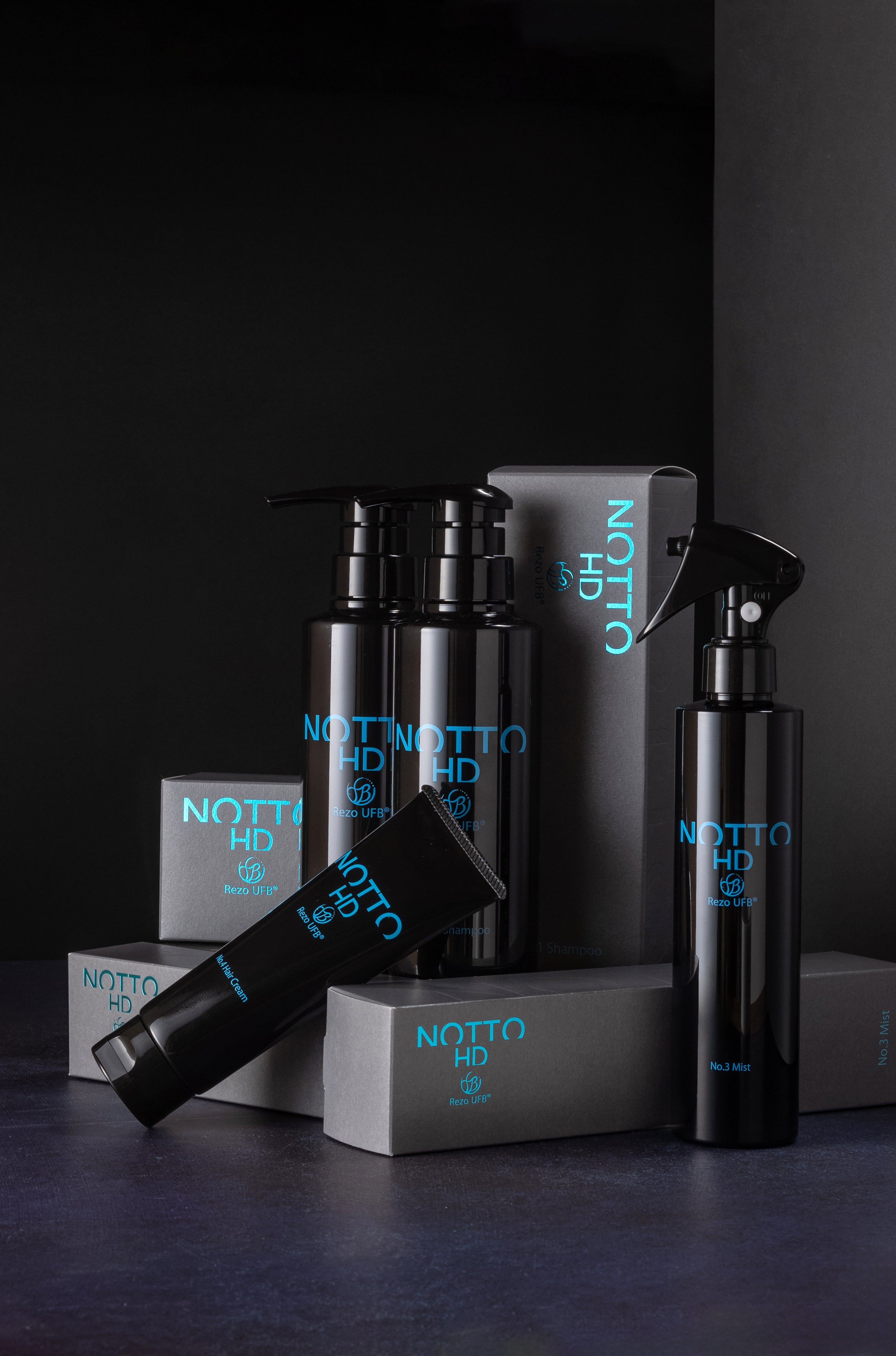 NOTTO HDの4商品とそれぞれの箱が積み上げられている