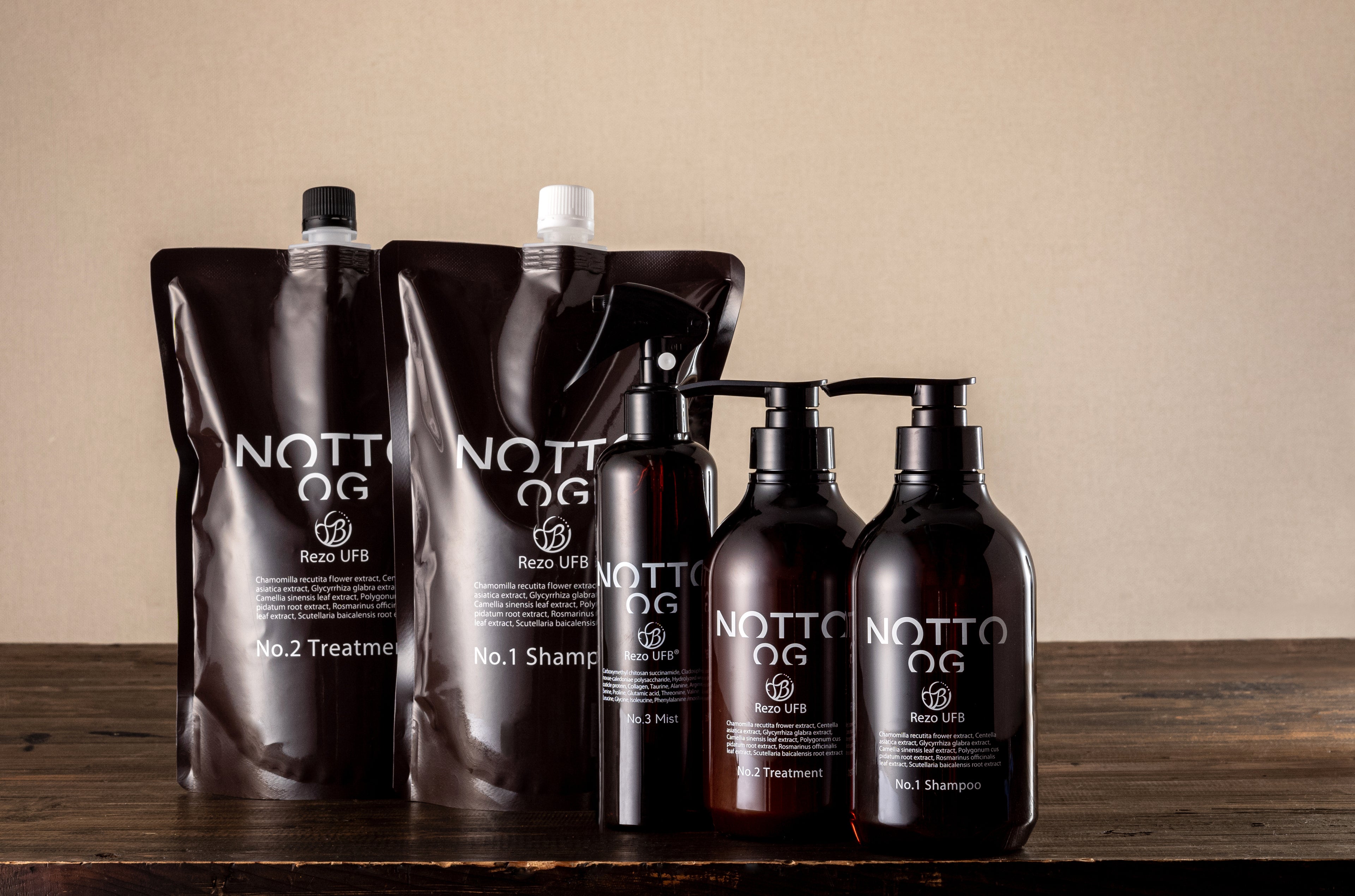 NOTTO OGの商品5つが横並びに置かれている