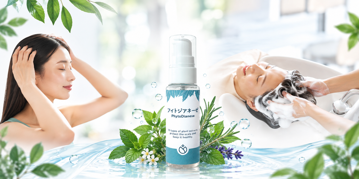 PhytoDianeseの商品が真ん中に表示されていて左側に女性が自身で頭皮に両手でマッサージしている。右側はシャンプー台で女性が洗髪されている