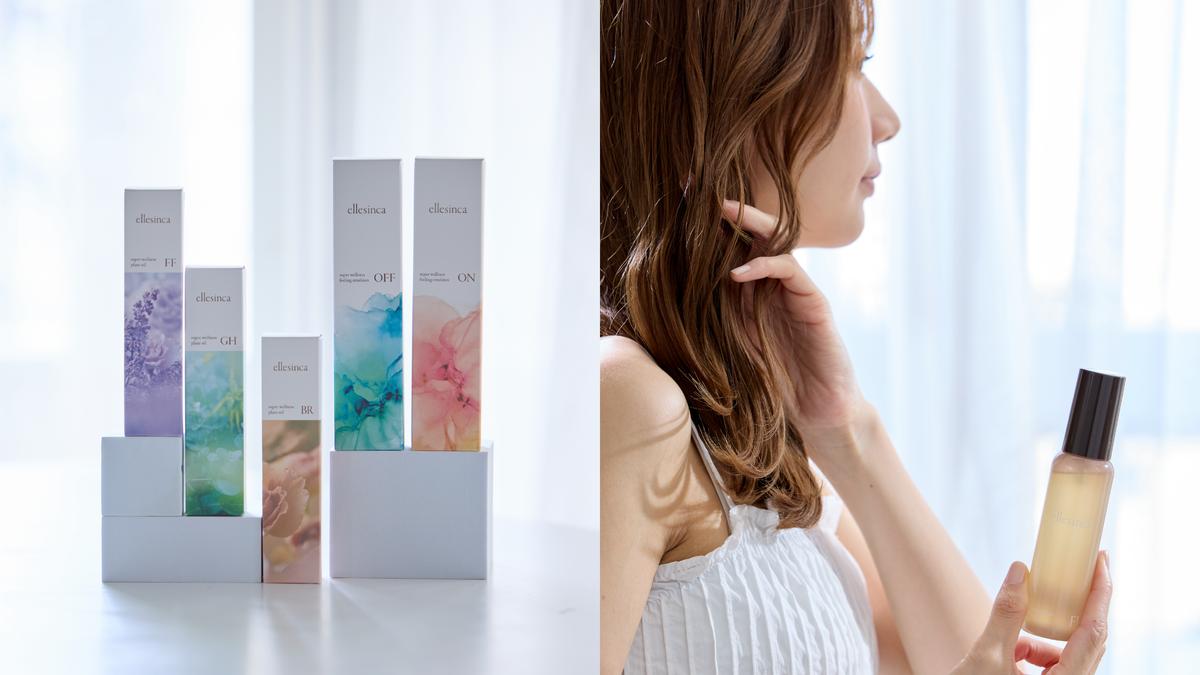コラージュ画像で左はellesincaの商品が5つ高さの違う箱の上に置いてあり、右画像はellesincaの商品を女性が片手に持っており、もう片方は手ぐしている。