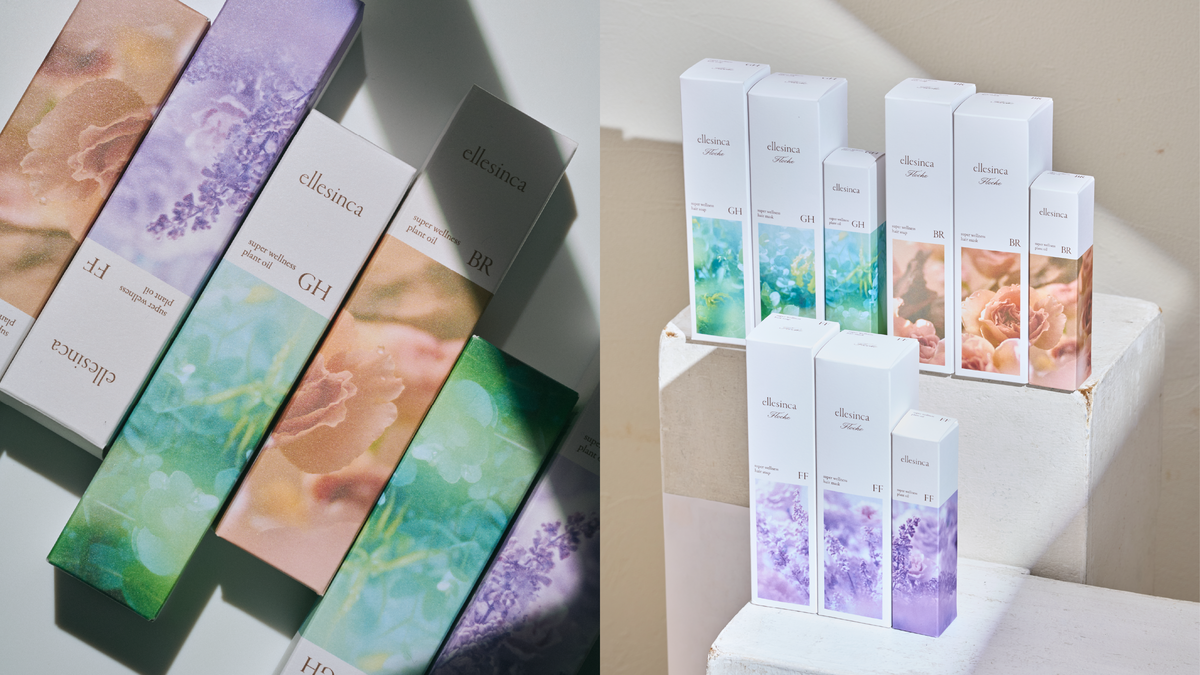 コラージュ画像で左はellesincaの商品が平置きにおいてあり、一部に影がかかっている。右画像はellesincaの商品が9つシリーズごとに置かれている。